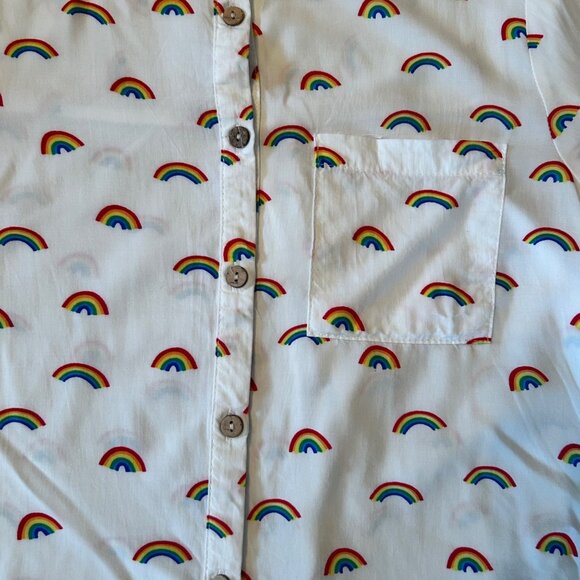 Love Notes Novelty Rainbow Print Semi Cropped Button Up Shirt S - Picture 4 of 5